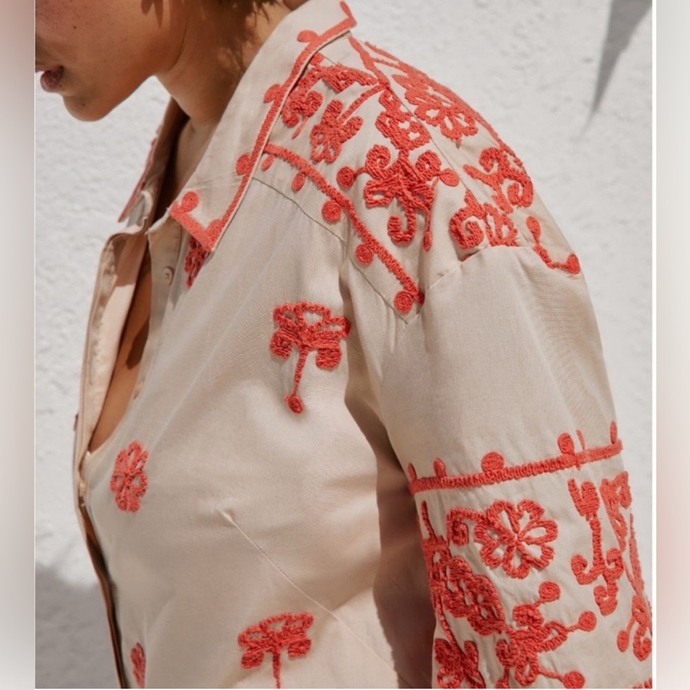 Maeve Anthropologie Embroidered Shirt Dress Utility Safari Style Tan Coral Large - Picture 5 of 15